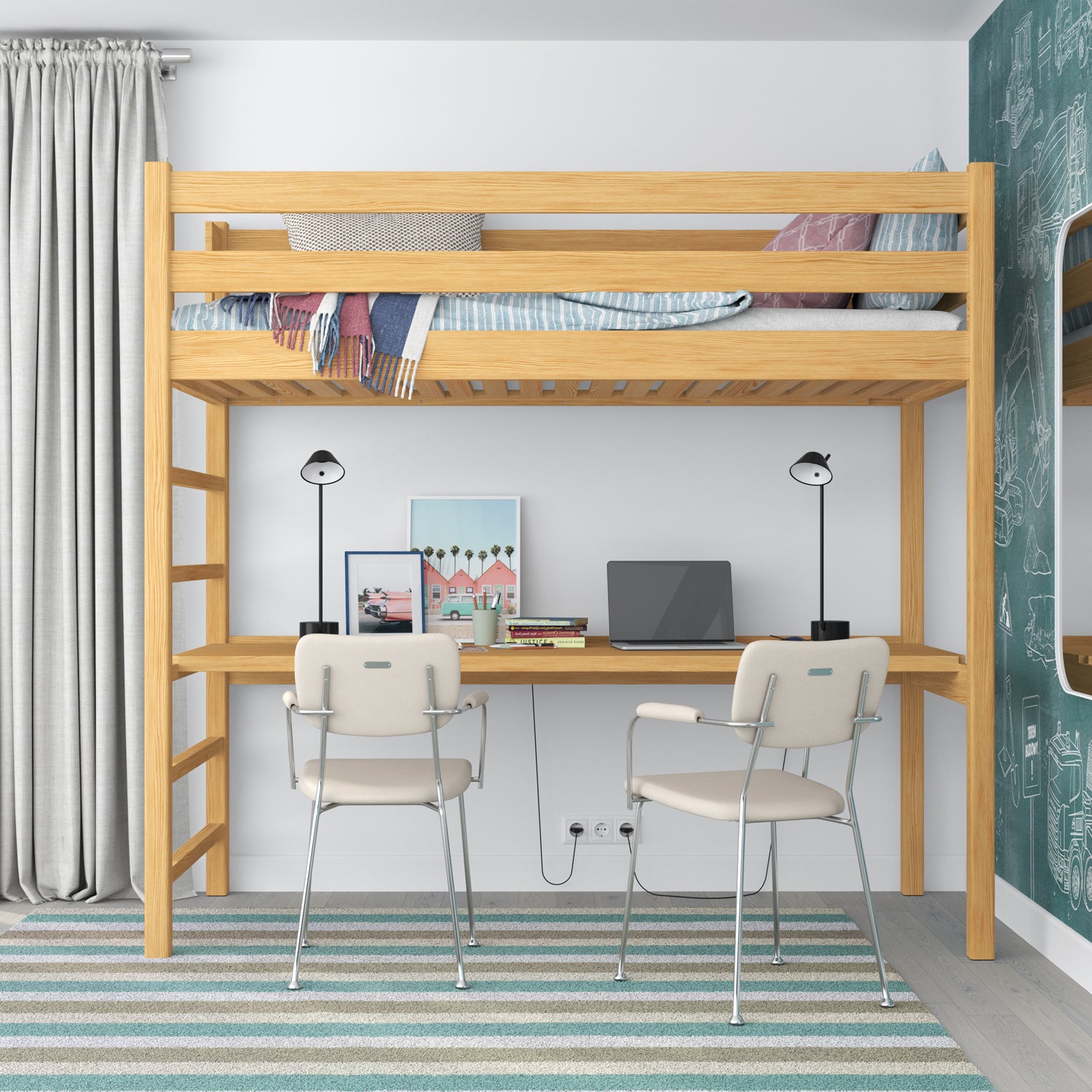 Natural Pine Wooden Loft Bed with Desk – Children’s Room, Scandi Nizio