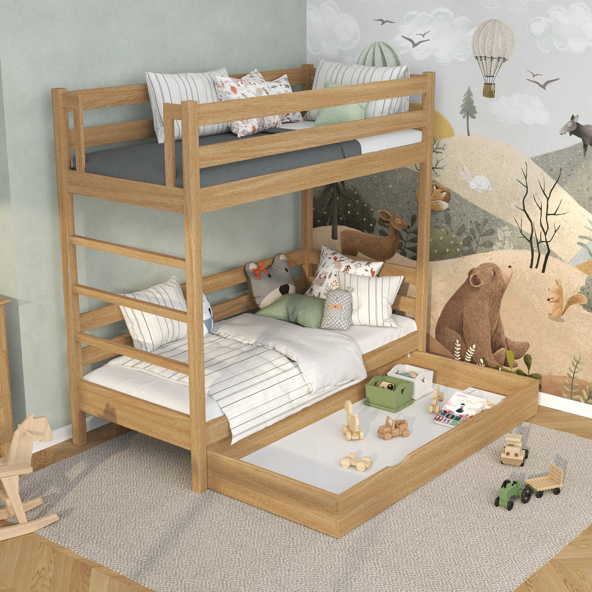 Letto a castello quercia naturale con cassetto – sponda e scala in quercia, Nizio