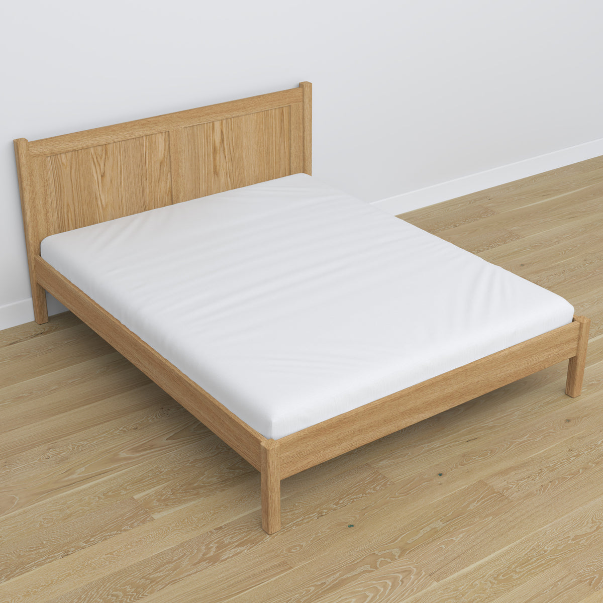Double bed natural oak in bedroom – bedding arrangement with bedding, scandi style