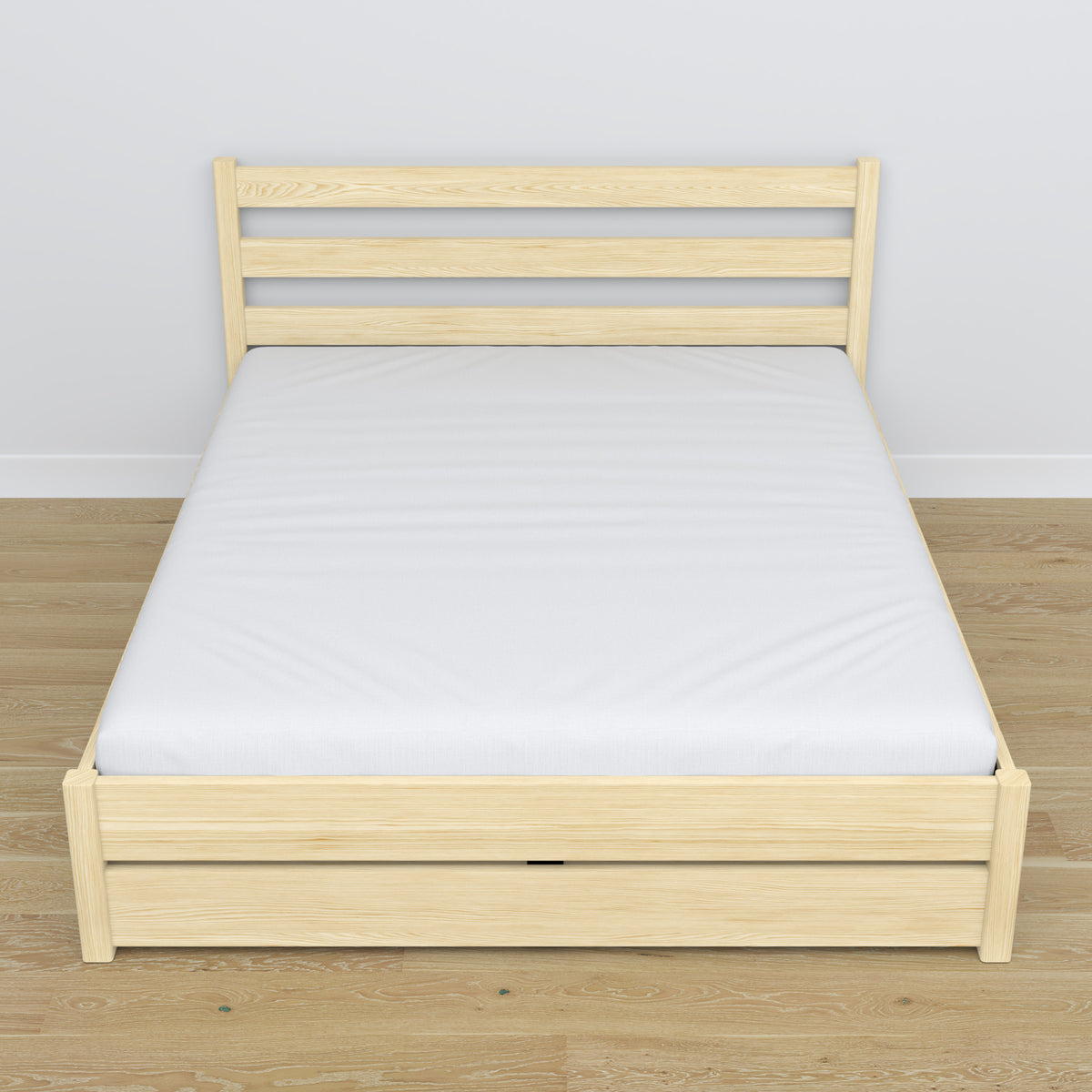 Double bed with wooden drawer clear pine – angled view, scandi bedroom