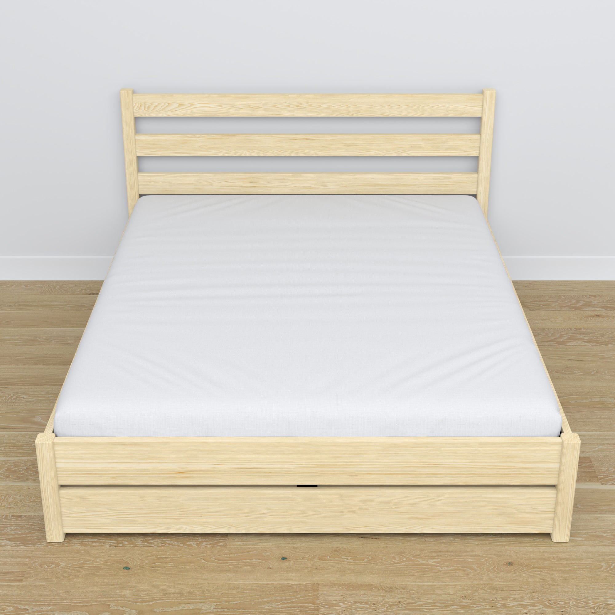 Double bed with wooden drawer clear pine – angled view, scandi bedroom