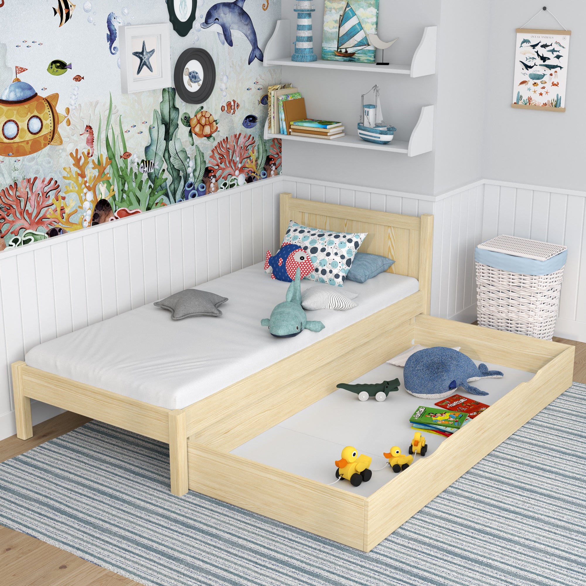 Letto pino trasparente con cassetto – capiente vano, in legno, per bambini Nizio