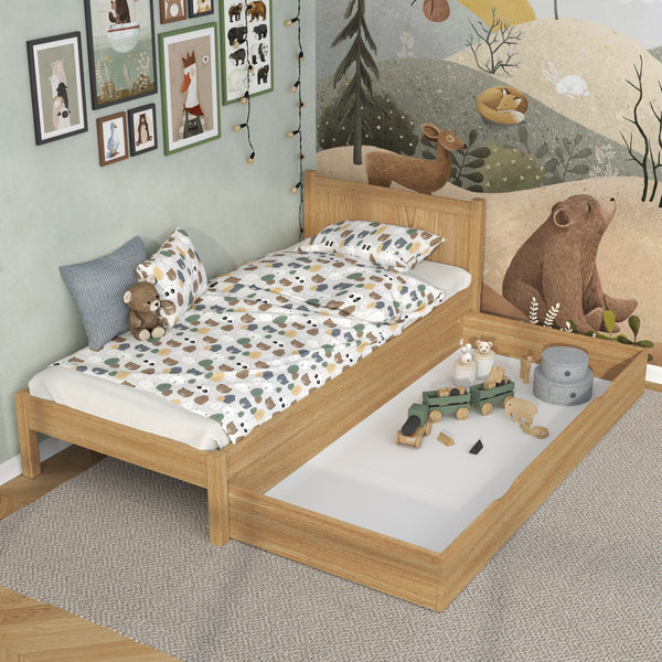 Letto quercia naturale con cassetto – capiente vano, in quercia, per bambini Nizio