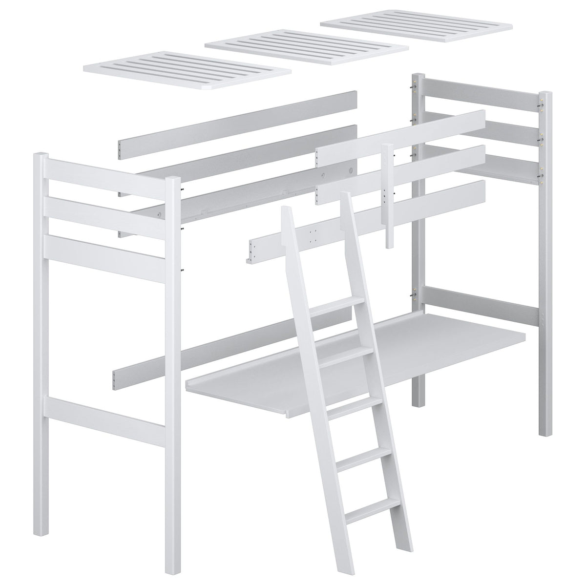Loft bed natural pine with desk – tabletop and wooden joints, close-up