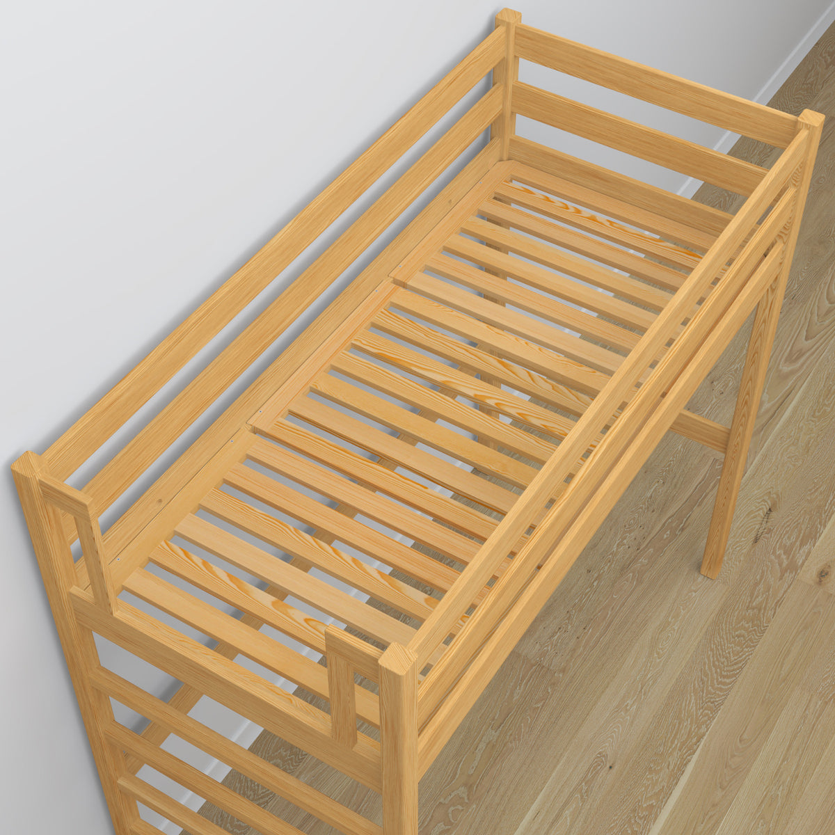 Loft bed natural pine wooden – top view of the sleeping area, Nizio