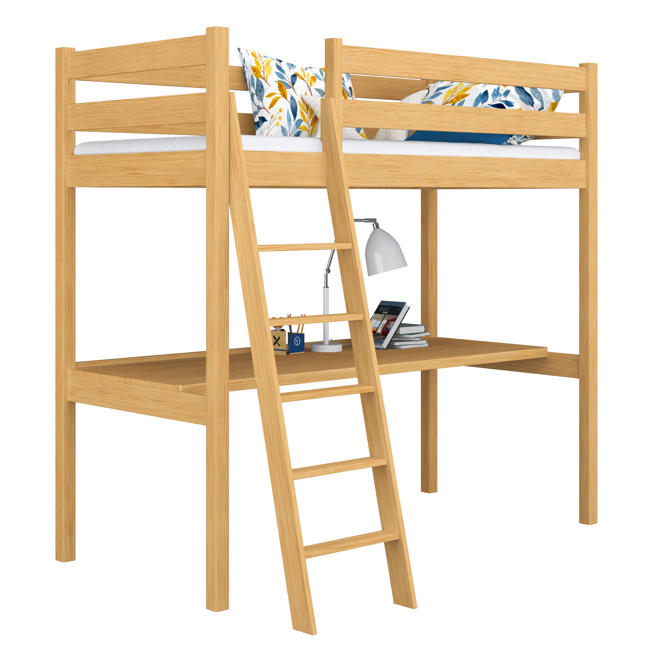 Loft bed natural pine with desk – study space under the sleeping area, wooden