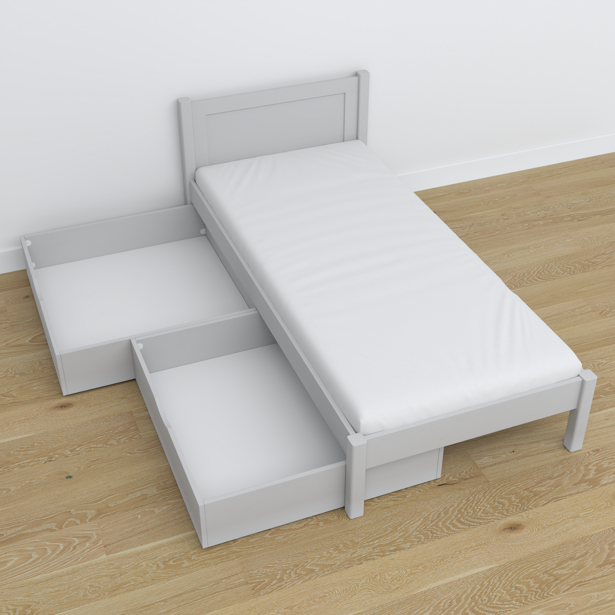 Letto grigio con cassetto in legno – vista diagonale