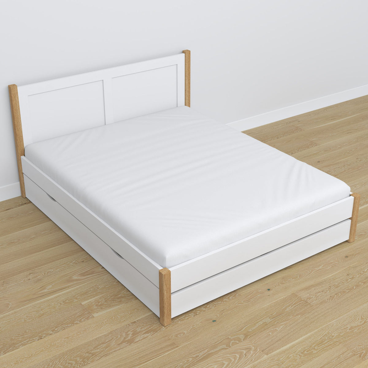 Letto matrimoniale con cassetto in legno bianco con quercia – capacità e funzionalità