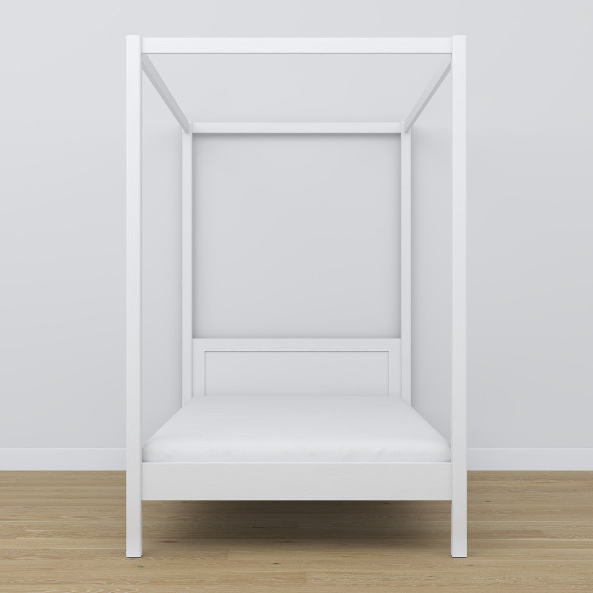 Wooden white canopy bed – close-up of canopy and headboard