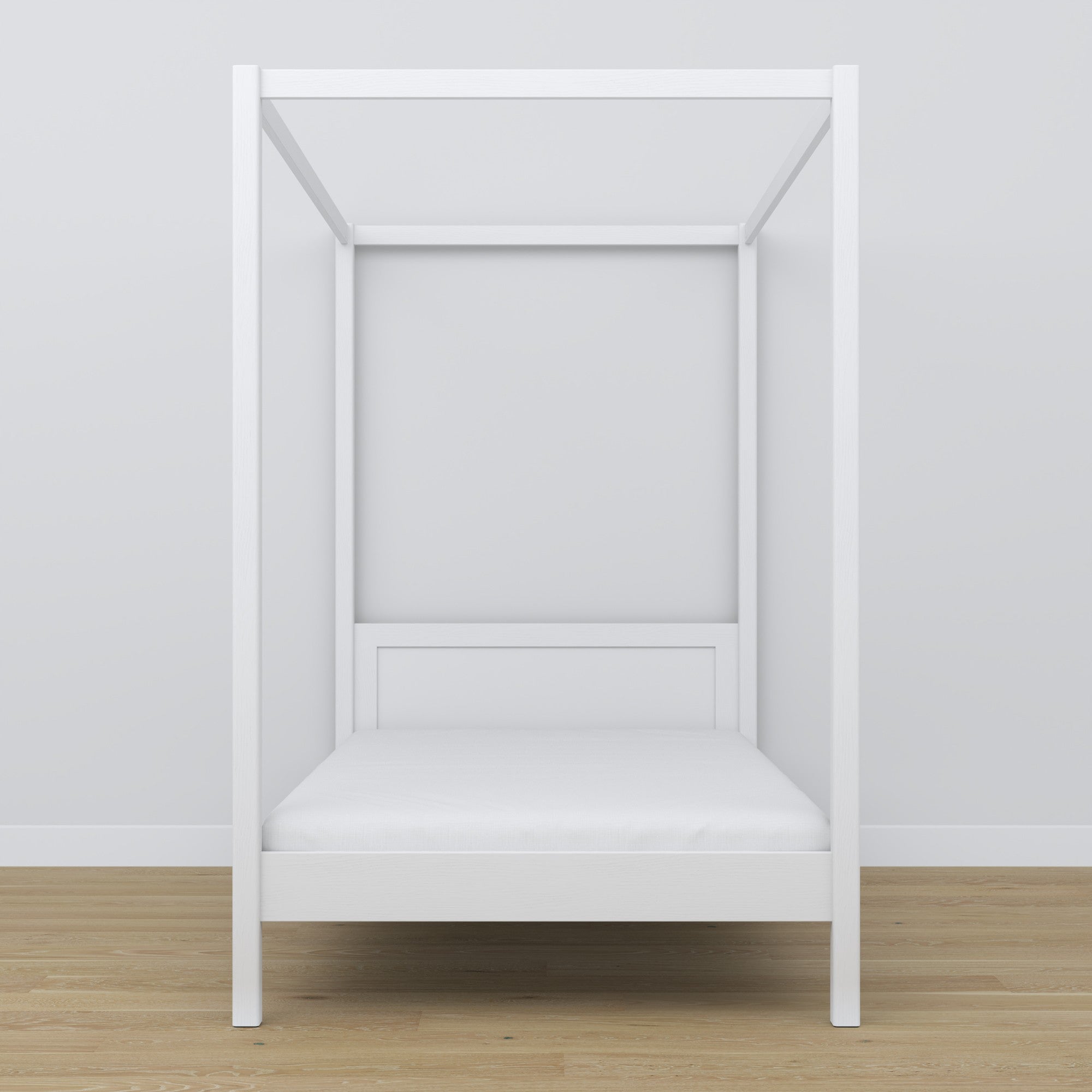 Wooden white canopy bed – close-up of canopy and headboard