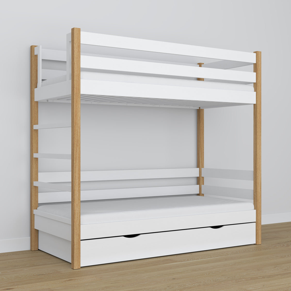 Letto a castello bianco-quercia – struttura in legno con doghe, vista laterale