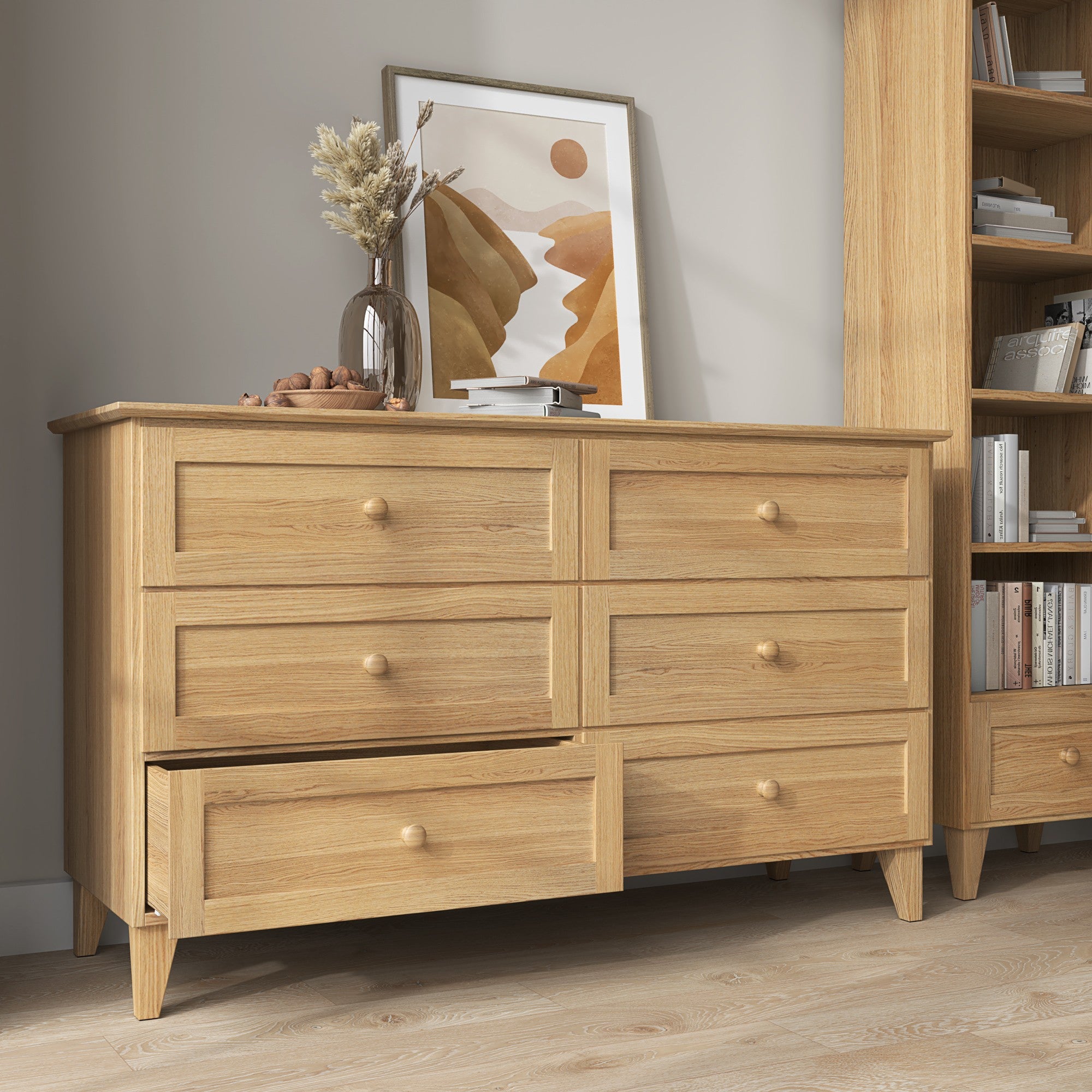 Chest of drawers 6S natural oak – oak, closed drawers, front view, Nizio