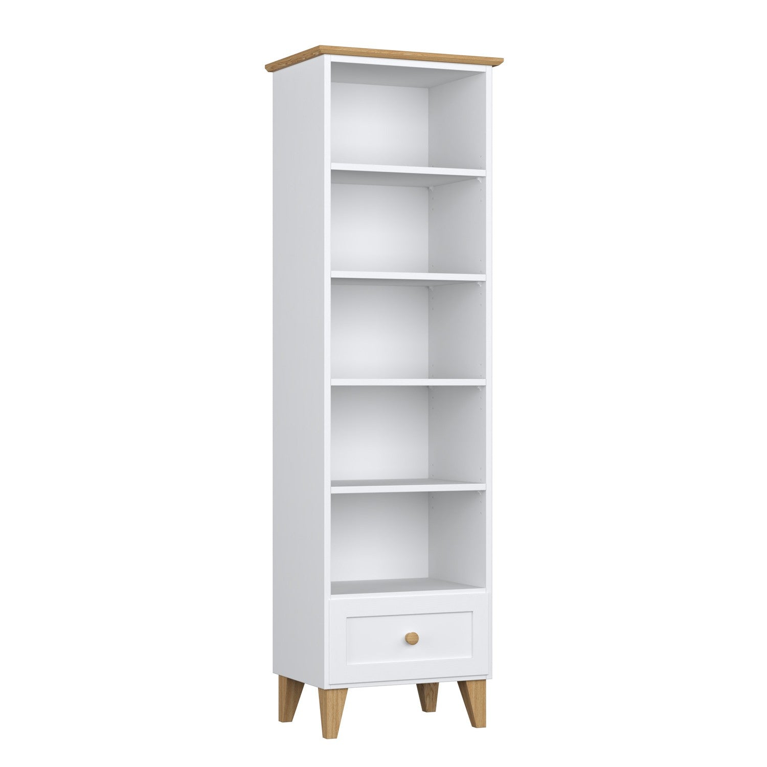 Bookcase 1S wooden white with oak in the living room – Scandinavian arrangement, Nizio