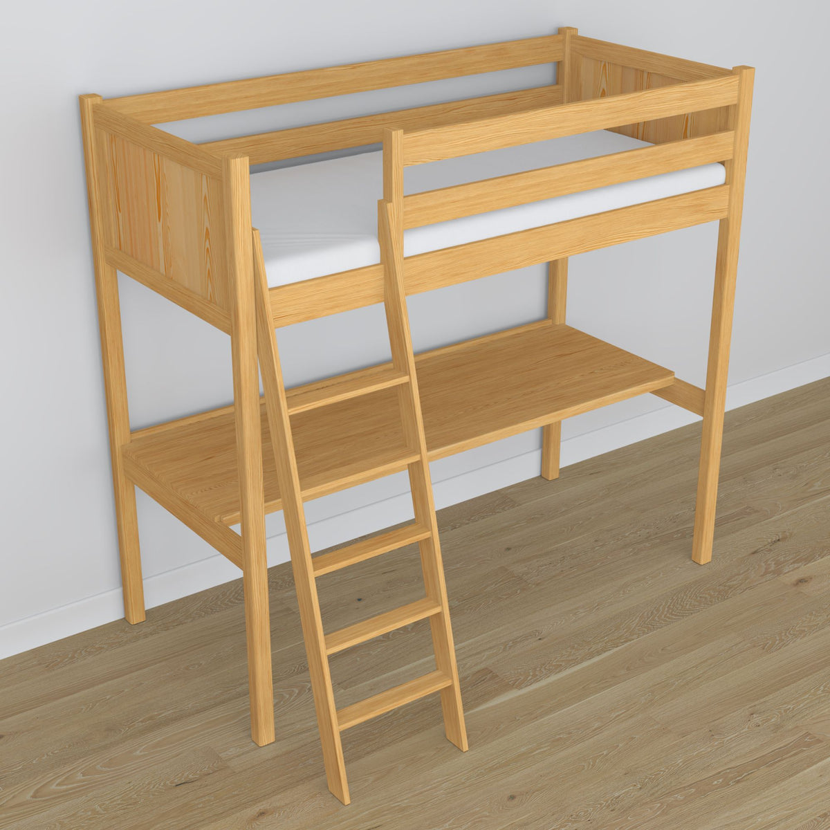 Loft bed natural pine wooden – top view of the sleeping area, Nizio