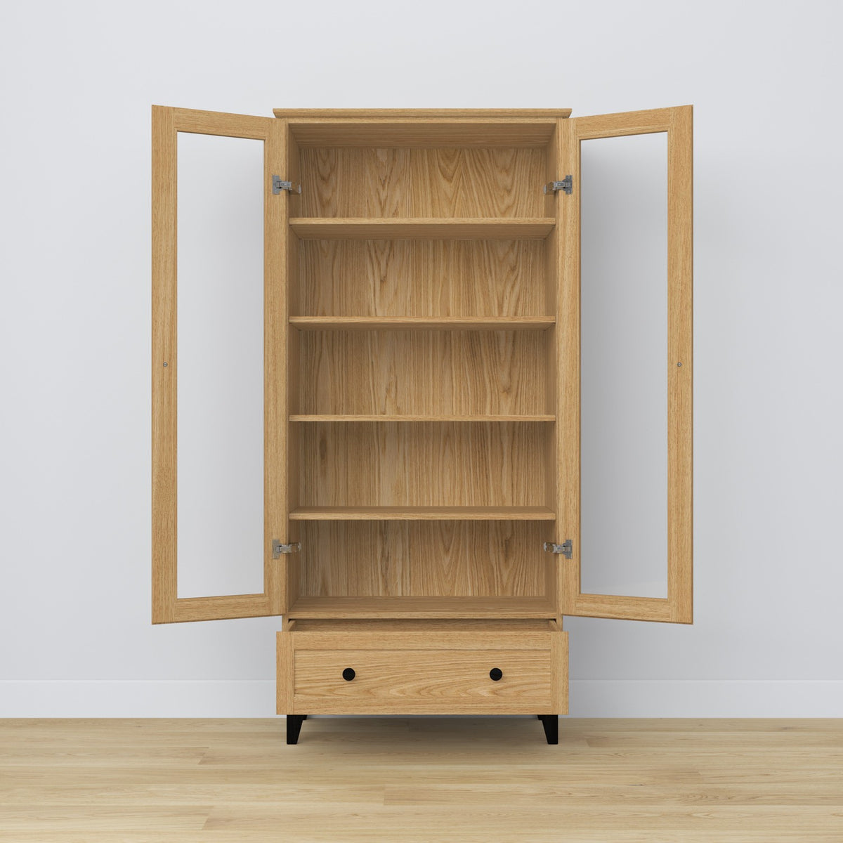 Display cabinet 1S oak natural oak with black – open doors, shelves and drawer inside