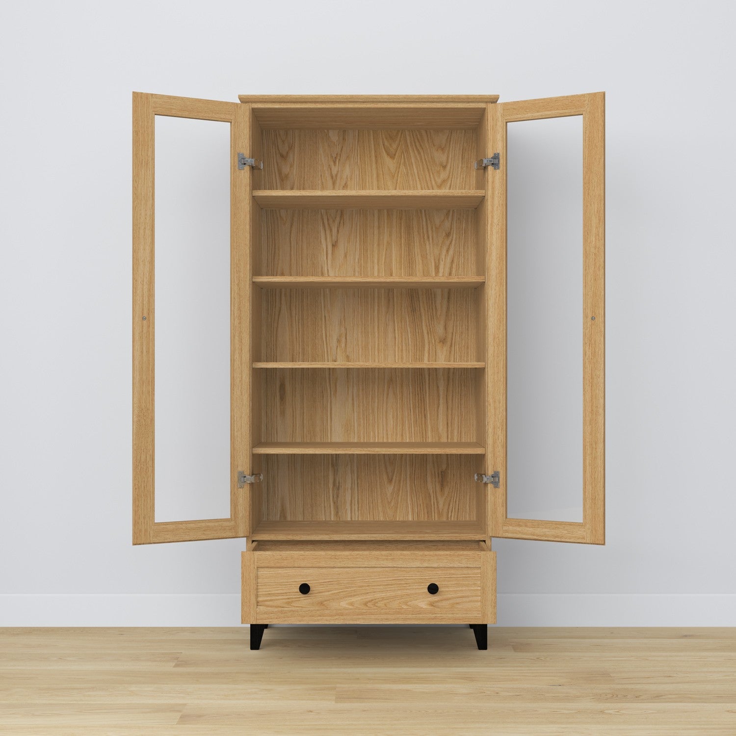 Display cabinet 1S oak natural oak with black – open doors, shelves and drawer inside