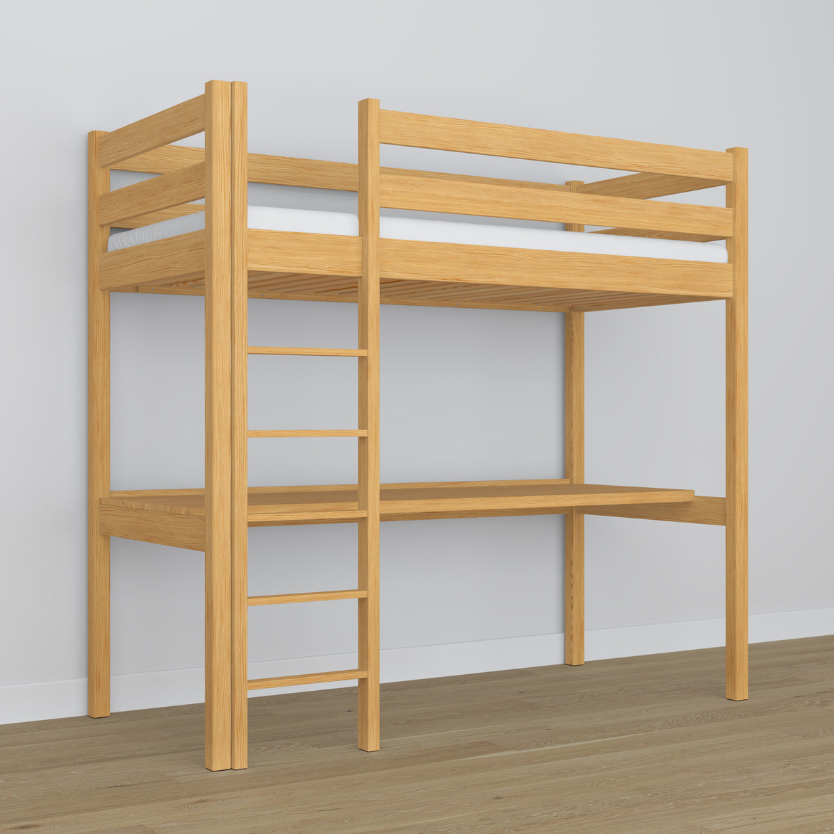 Letto a soppalco con scrivania in legno pino naturale – scala e sponda di protezione