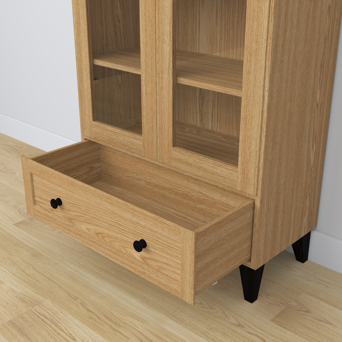 Display cabinet 1S 90 natural oak with black made of oak – side view, depth and profile