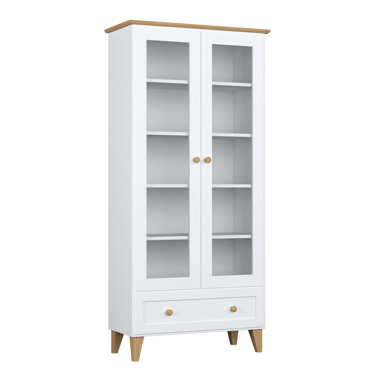 Display cabinet 1S wooden white with oak in living room – Scandinavian arrangement, Nizio