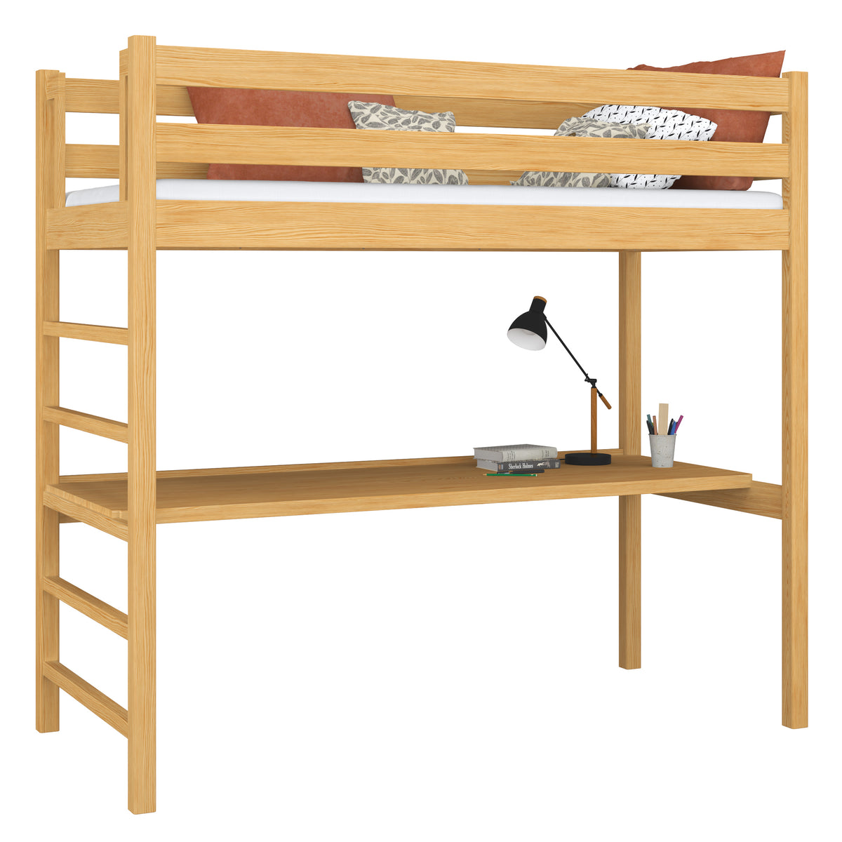 Loft bed natural pine with desk – study space under the sleeping area, wooden
