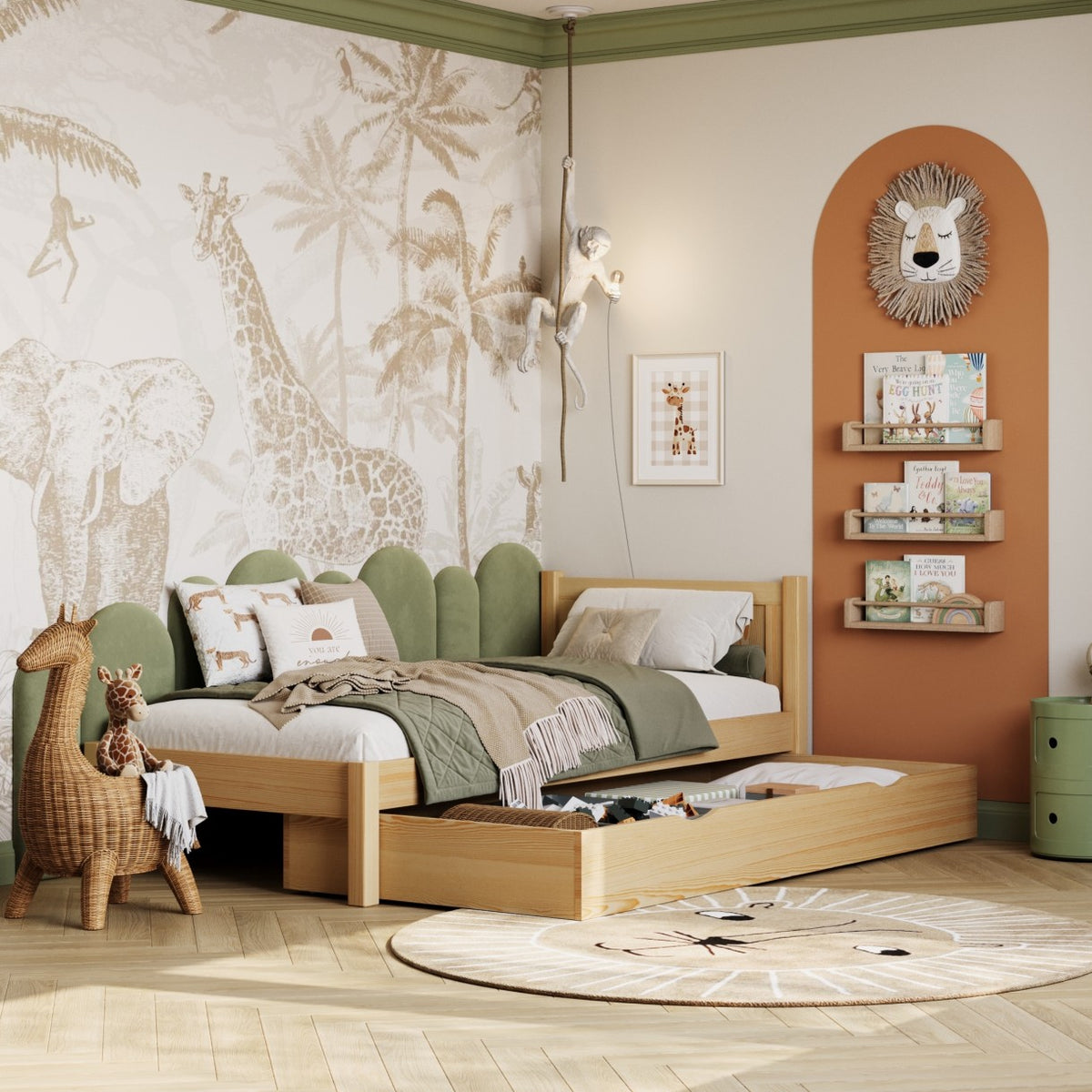 Łóżko pojedyncze z szufladą N02 sosna naturalna – widok z boku, solidna konstrukcja drewniana