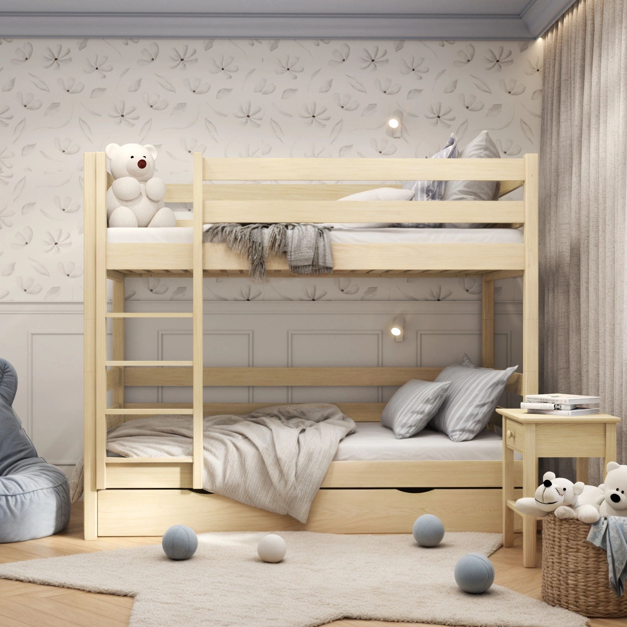 Letto a castello pino trasparente con cassetto – sponda e scala in legno, Nizio