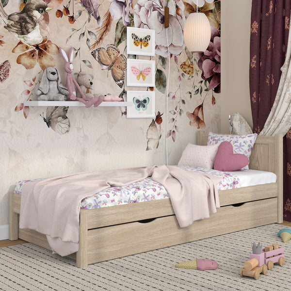 Letto singolo con cassetto in rovere sbiancata – stanza per bambini, stile scandi