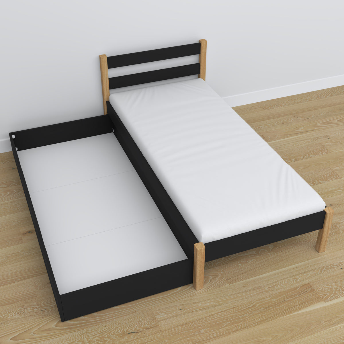 Black and Oak Wooden Bed with Drawer – Angled View