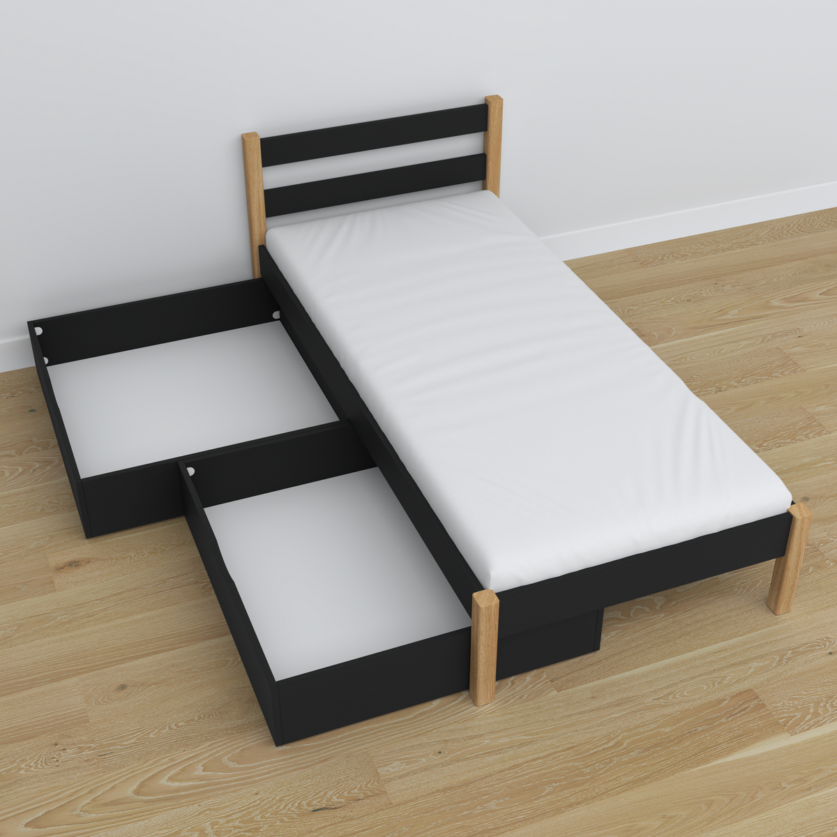 Wooden bed with drawer black-oak – headboard, close-up of wood quality