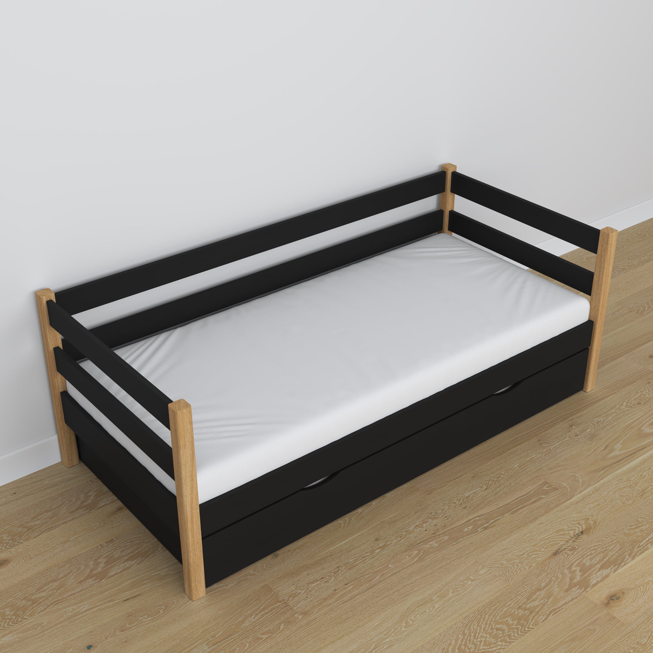 Łóżko sofa z szufladą na materac N01 czarno dębowy – widok z innej perspektywy, solidne drewno