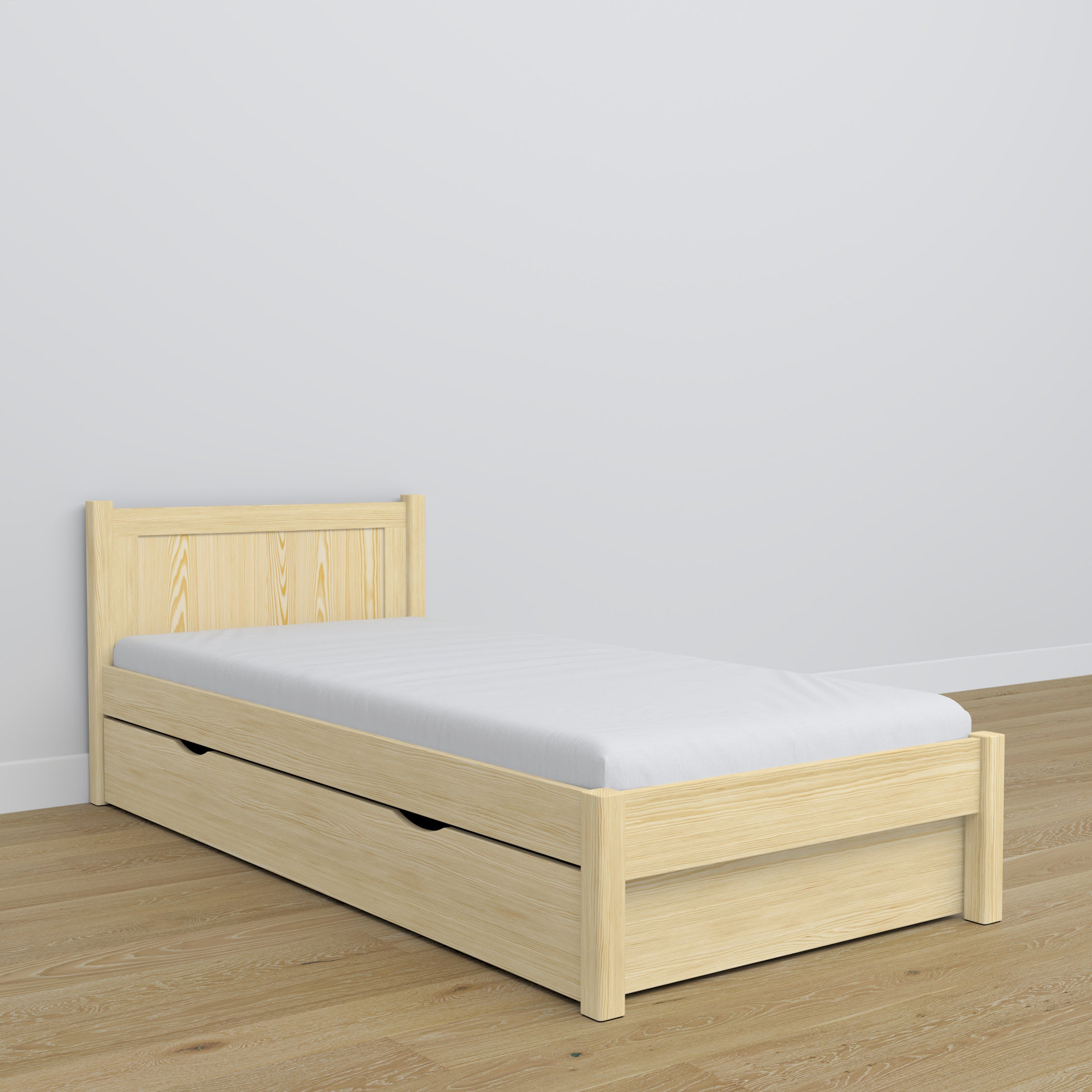 Letto con cassetto in legno pino trasparente – stanza per bambini, allestimento scandi