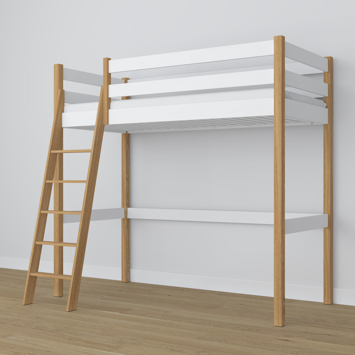 Letto a soppalco bianco-quercia in legno – dimensioni e schema, Nizio