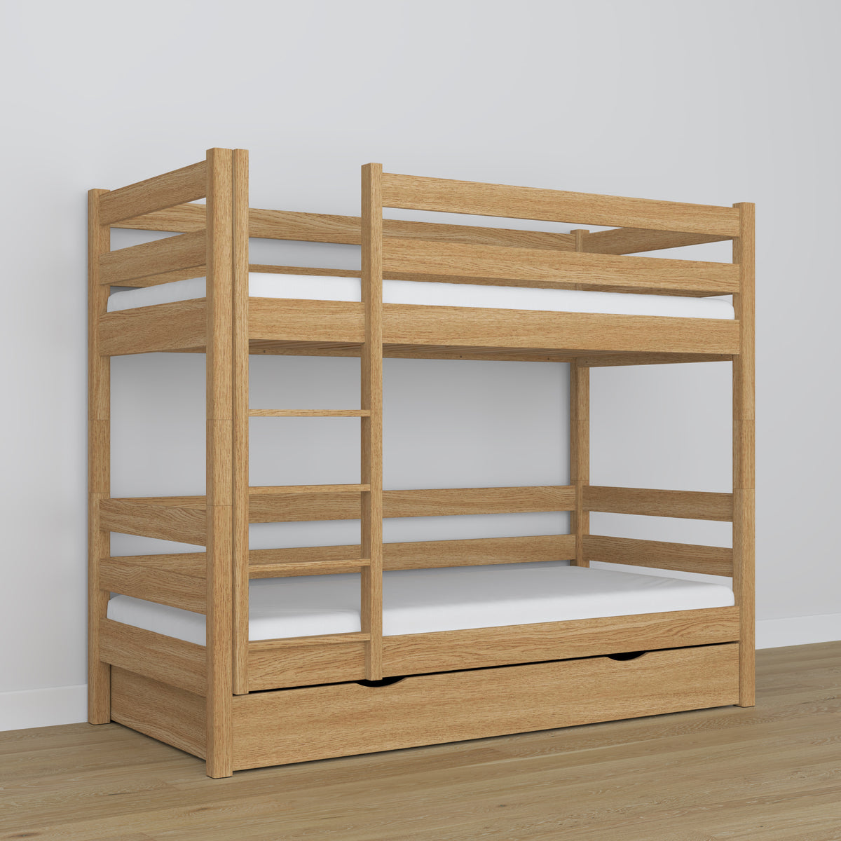 Natural Oak Bunk Bed with Drawer – Scandinavian Design, Nizio