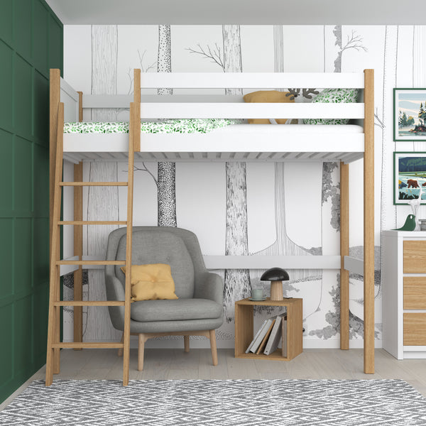 Loft bed white/oak – wooden ladder and safety rail, Nizio Home