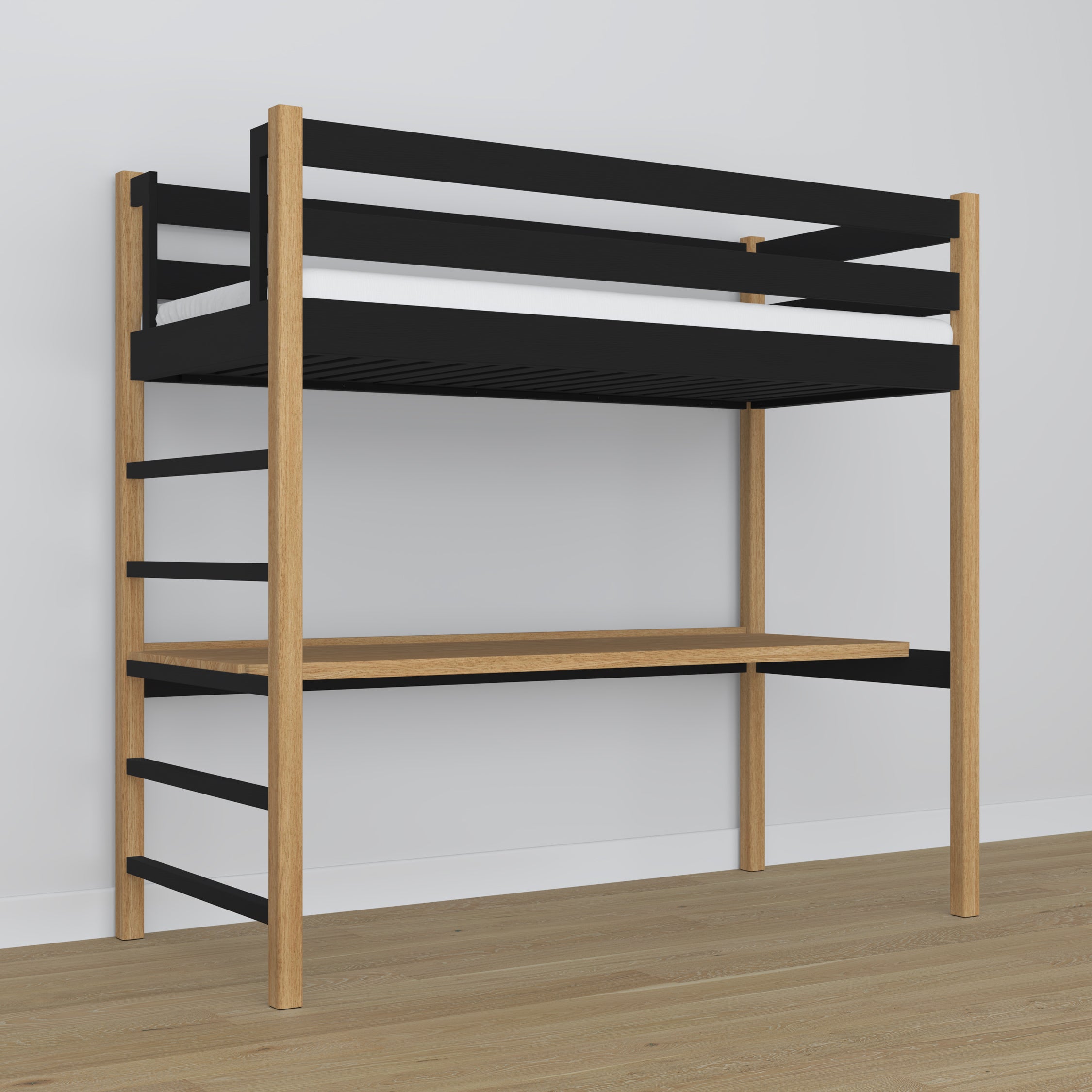 Loft bed with desk black/oak wooden – dimensions, Nizio Home