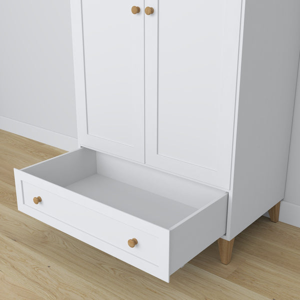 Wardrobe 2D1S wooden white with oak – side view, depth and proportions of the furniture