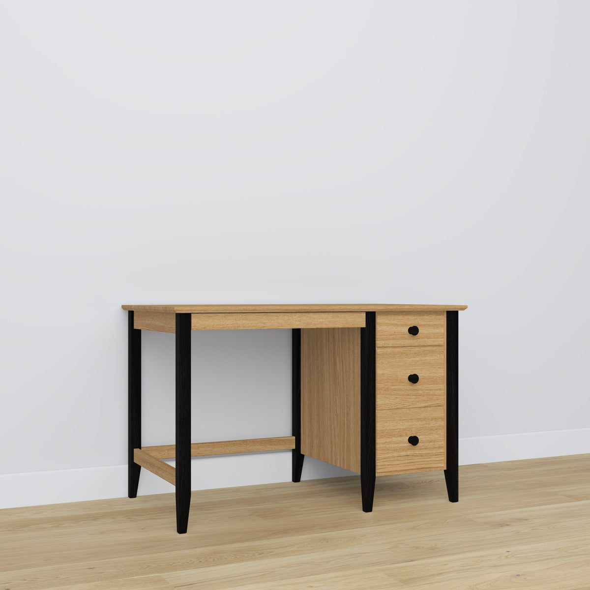 Desk 3S natural oak with black – oak, compact tabletop, front view, Nizio