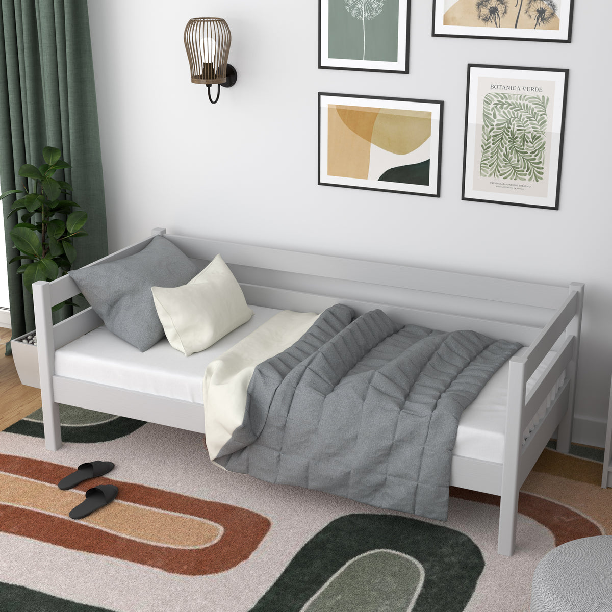 Letto divano in legno grigio – vista laterale, volume del mobile del mobile e proporzioni del mobile