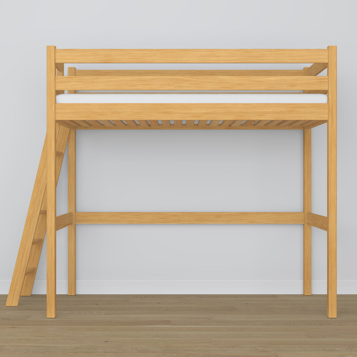 Loft bed natural pine – wooden ladder and safety rail, Nizio Home