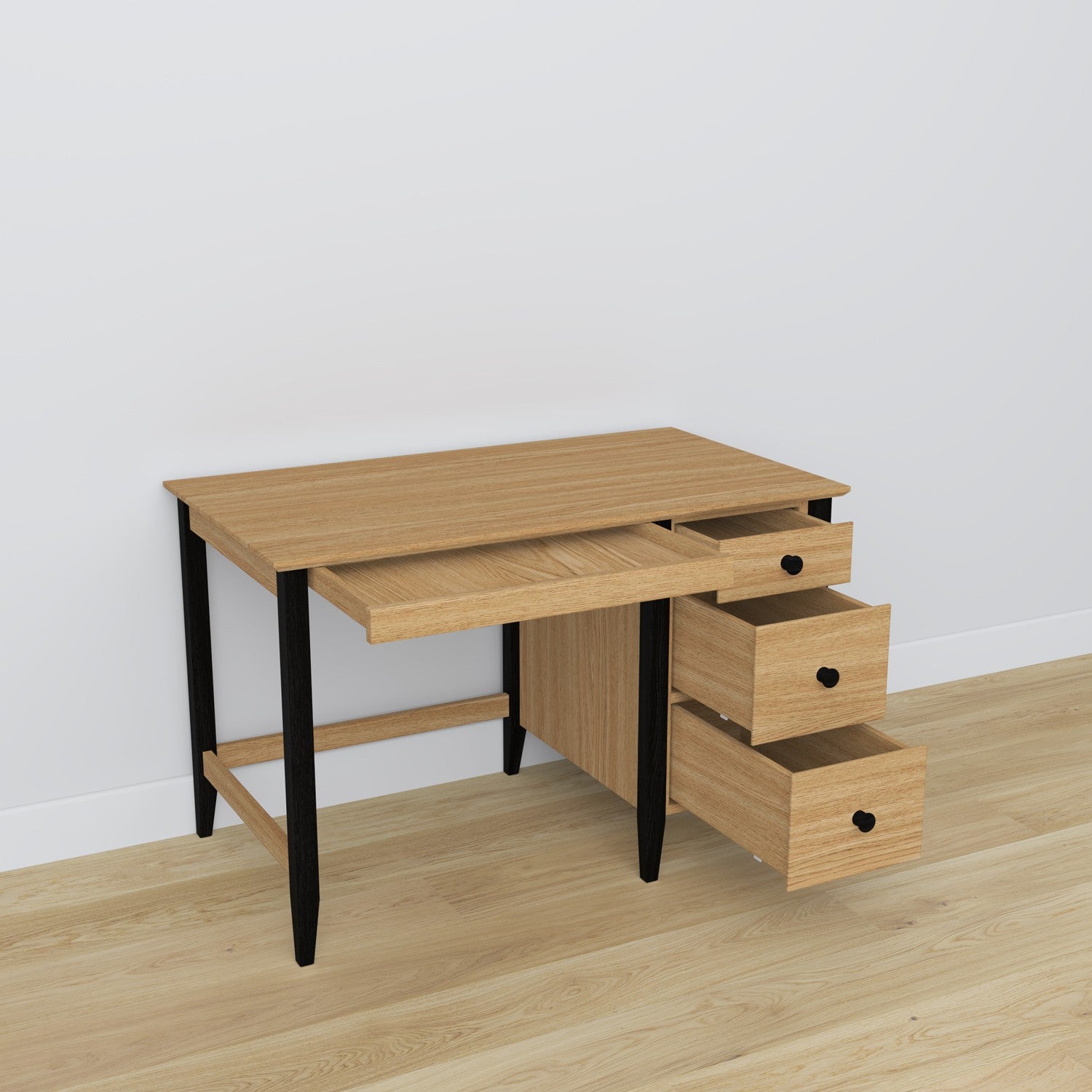 Desk 3S oak natural oak with black – open drawers, document storage compartments