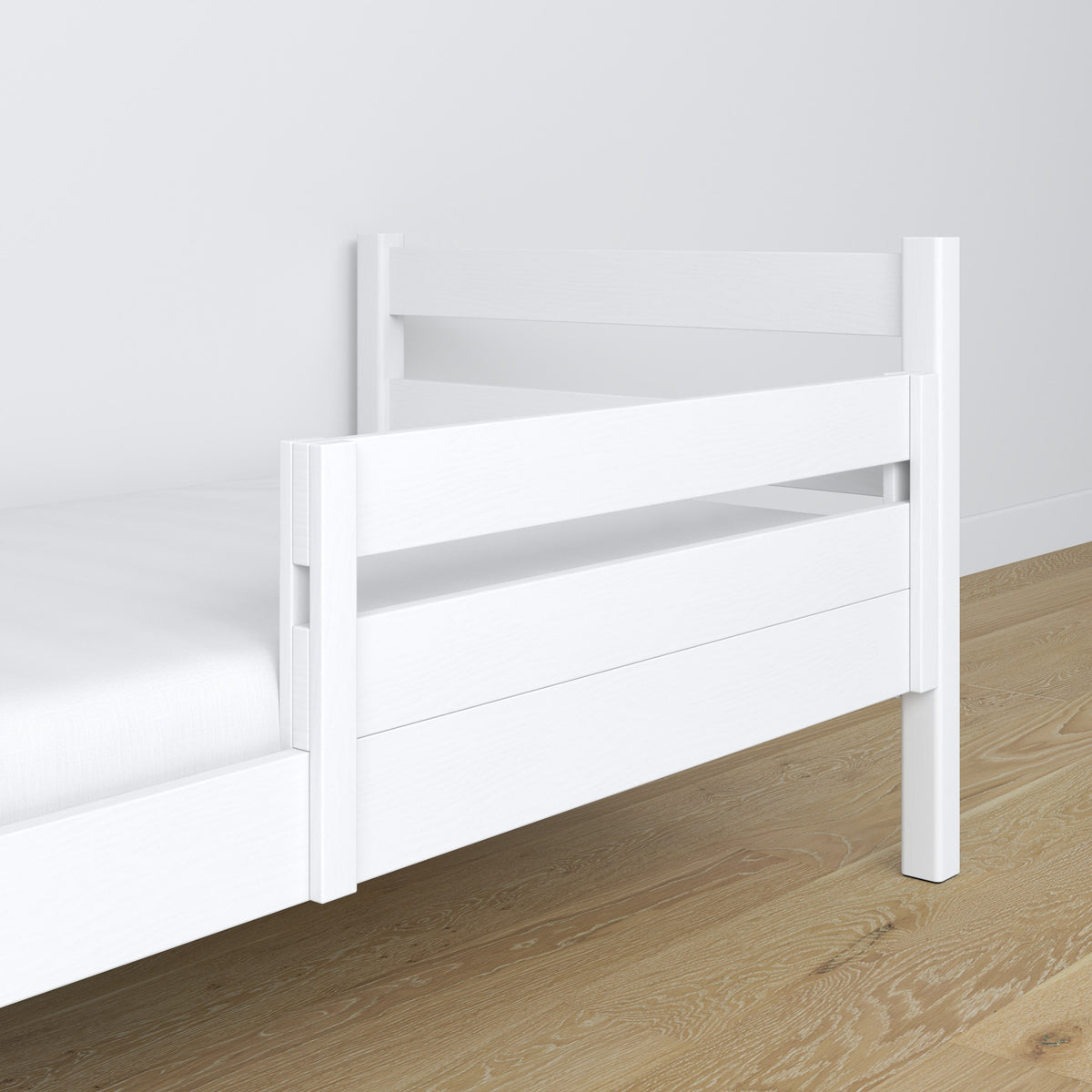 Zabezpieczenie łóżka dziecięcego biały – widok boczny, drewniane