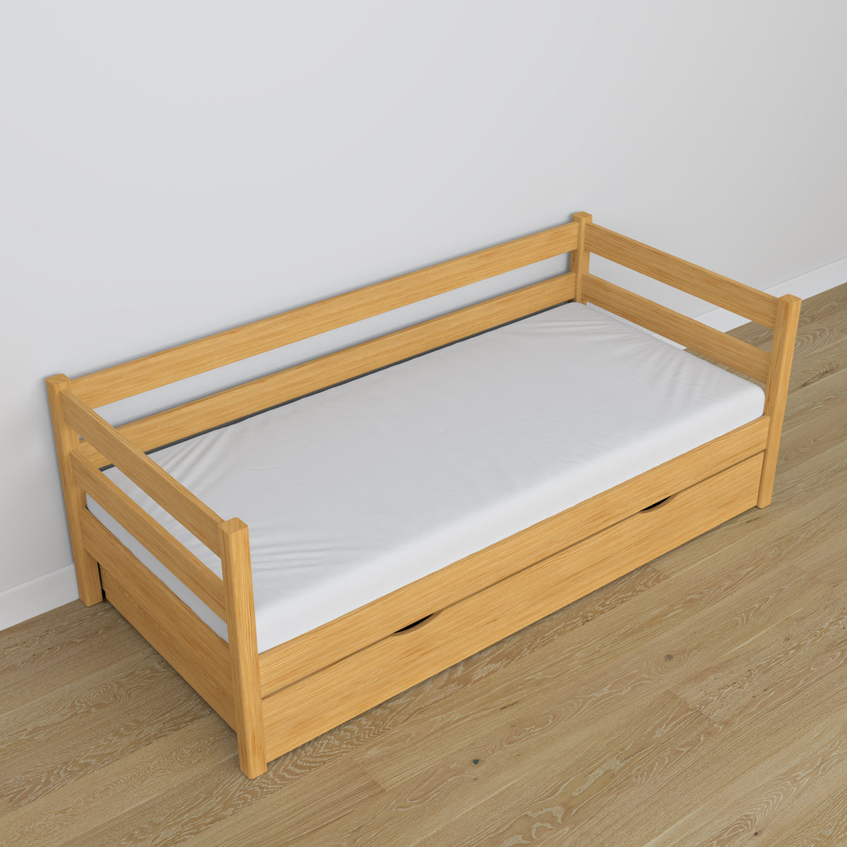 Letto divano con cassetto in legno pino naturale – stanza per bambini, allestimento scandi