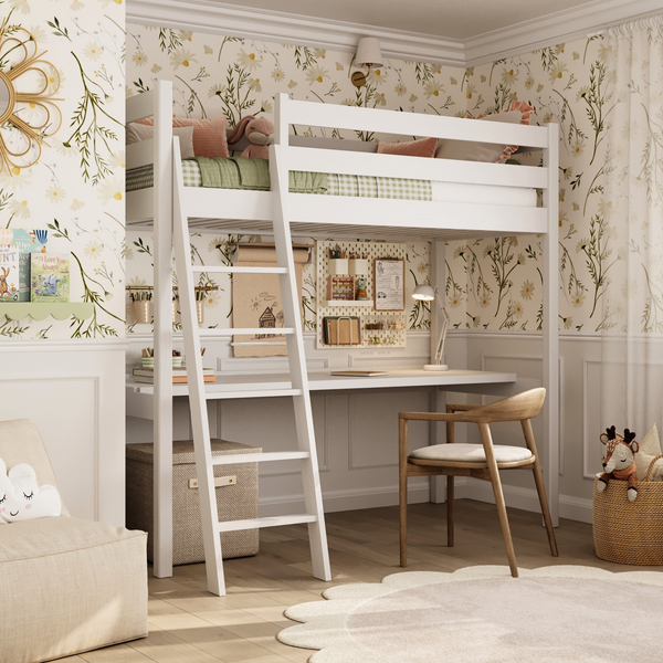 Loft bed white with desk – study space under the sleeping area, wooden