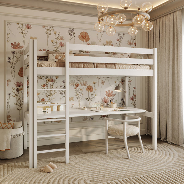 White Wooden Loft Bed with Desk – Children’s Room, Scandi Nizio