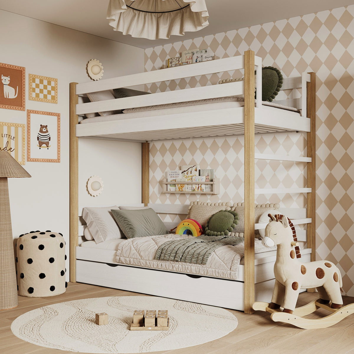 Letto a castello bianco-quercia per bambini – due della camera da lettoe e cassetto, in legno