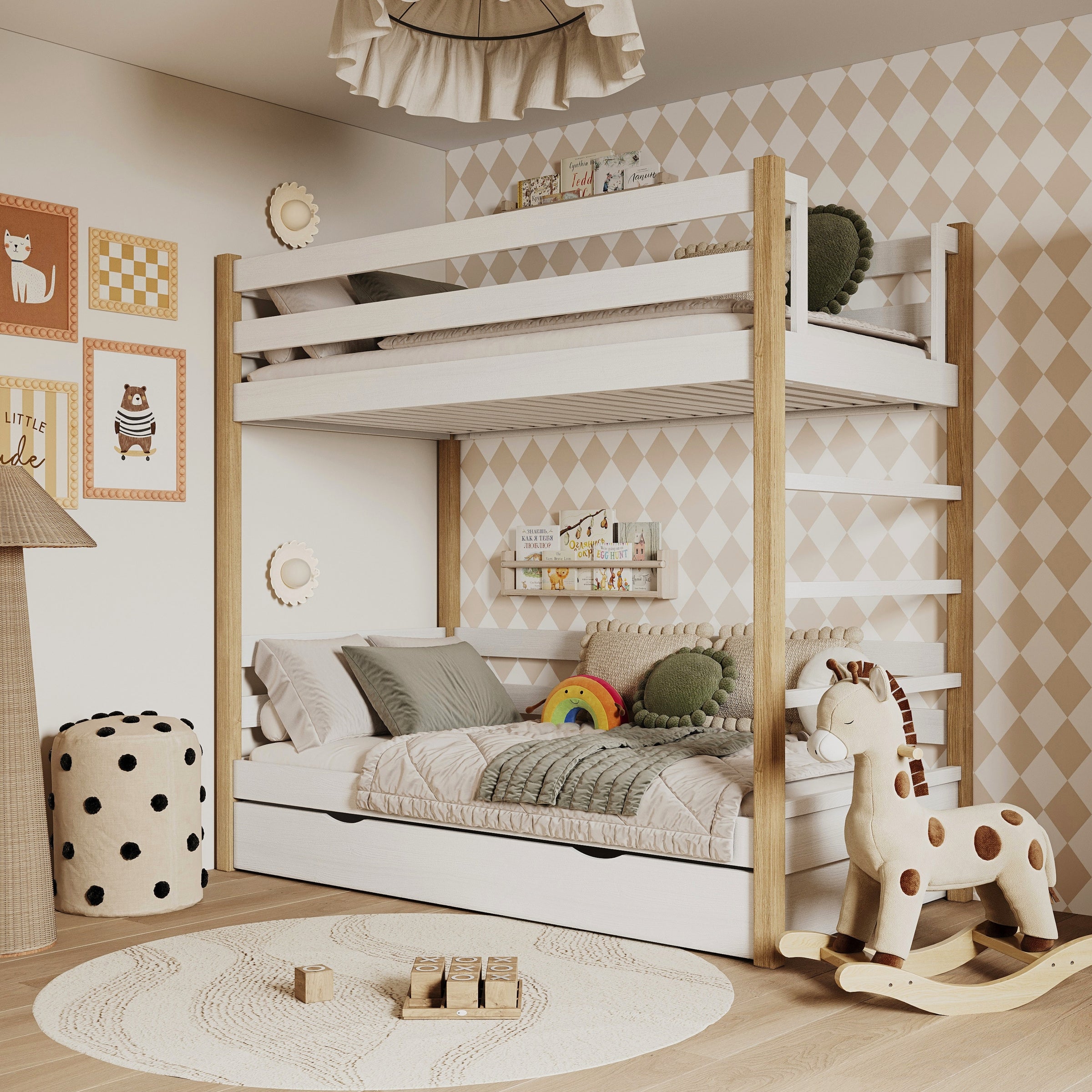 Letto a castello bianco-quercia per bambini – due della camera da lettoe e cassetto, in legno