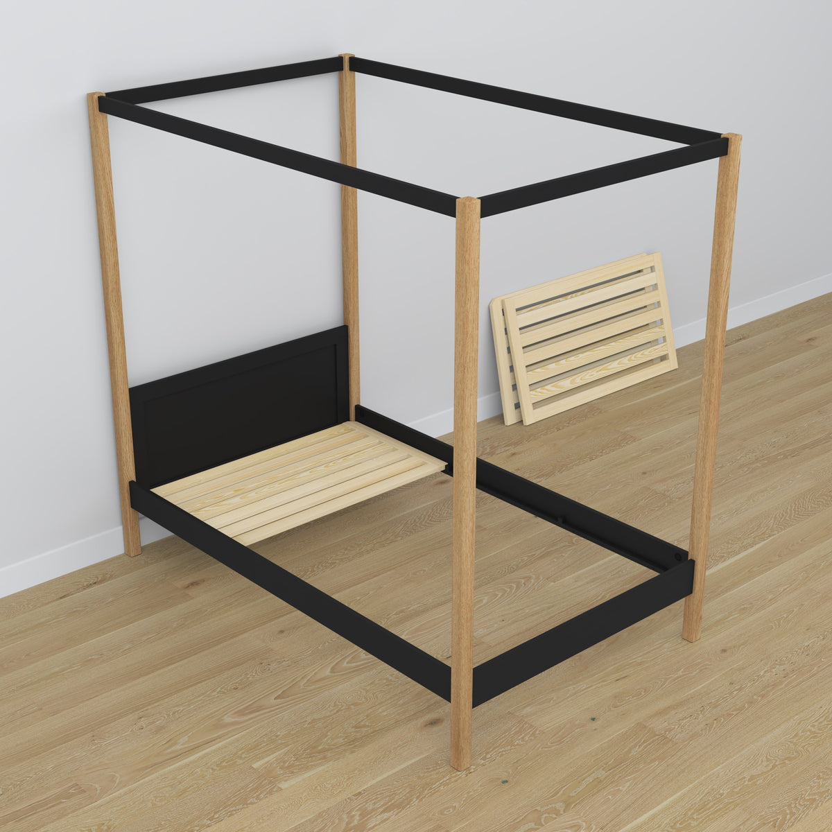 Wooden black-oak canopy bed – scandi child’s room arrangement