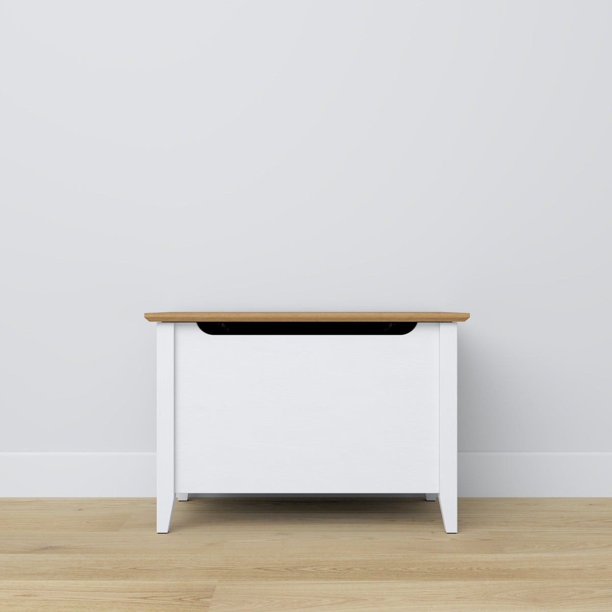 Baule in legno bianco con quercia – contenimento e seduta, stile scandinavo Nizio