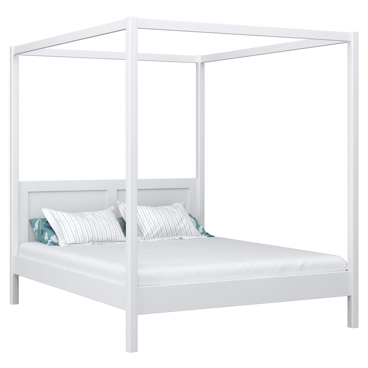 Double bed with canopy white – wooden slatted frame and slats, Nizio