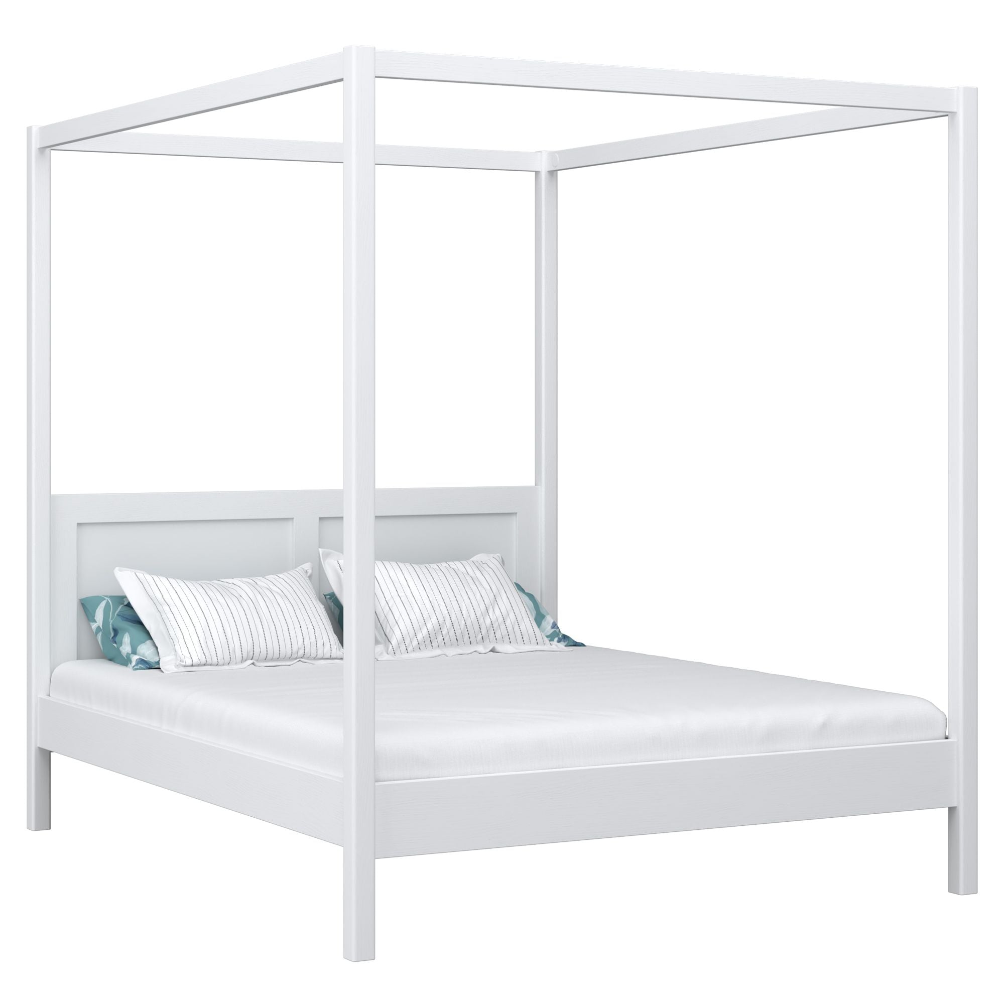 Double bed with canopy white – wooden slatted frame and slats, Nizio